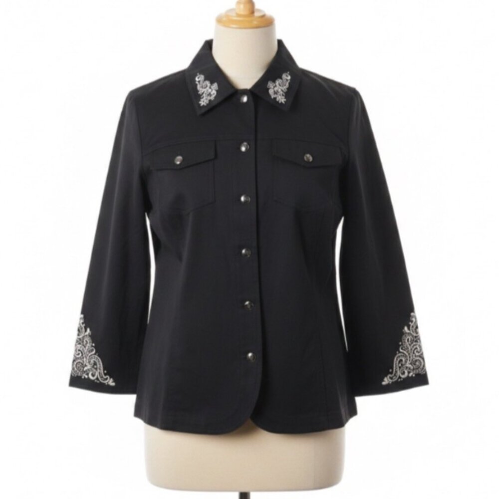 Quacker Factory‎ Jacket Womens M Black Embroidered Rhinestone 3/4 Sleeve Shacket